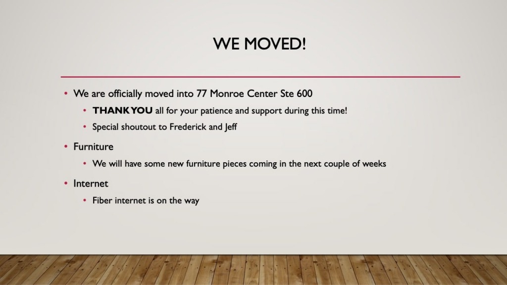 April 2022 Town Hall meeting at The Factory slide titled We Have Moved