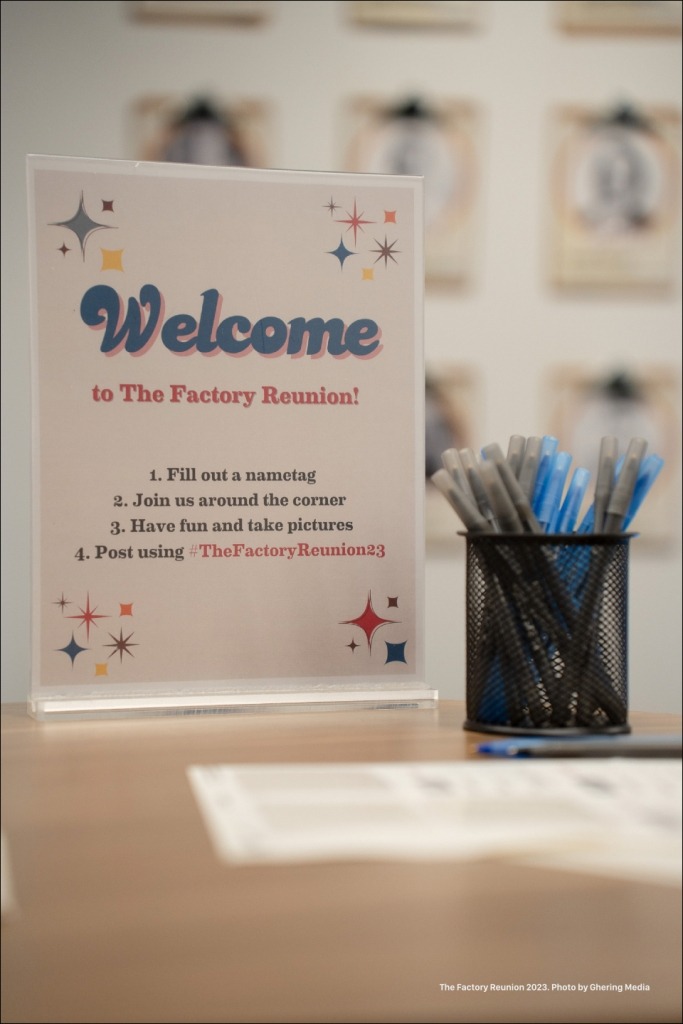 A welcome to the Factory Reunion desktop sign