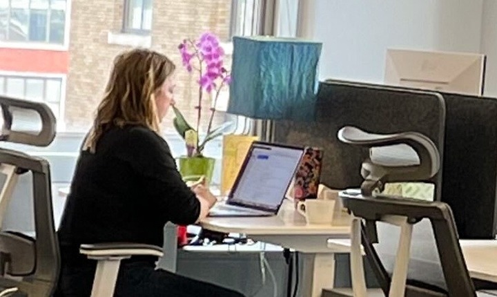 A member working on her laptop at her desk