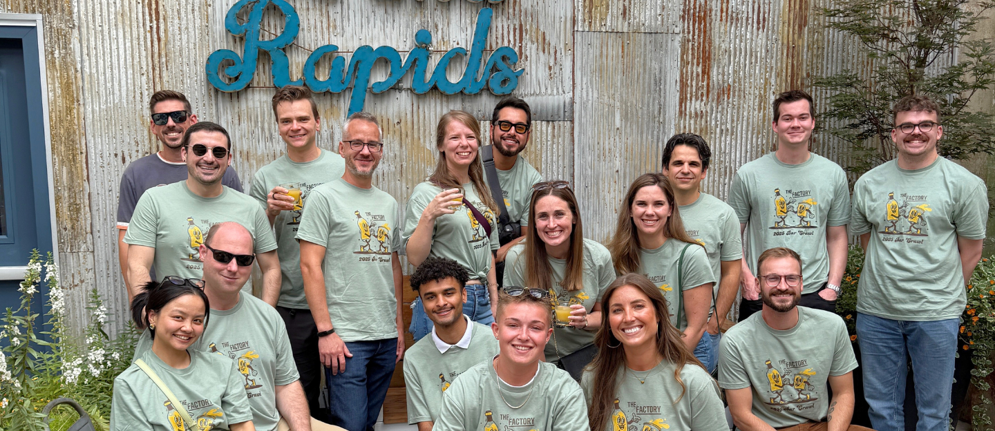 Factory community members gathered for a photo during the Factory Pub Crawl 2025